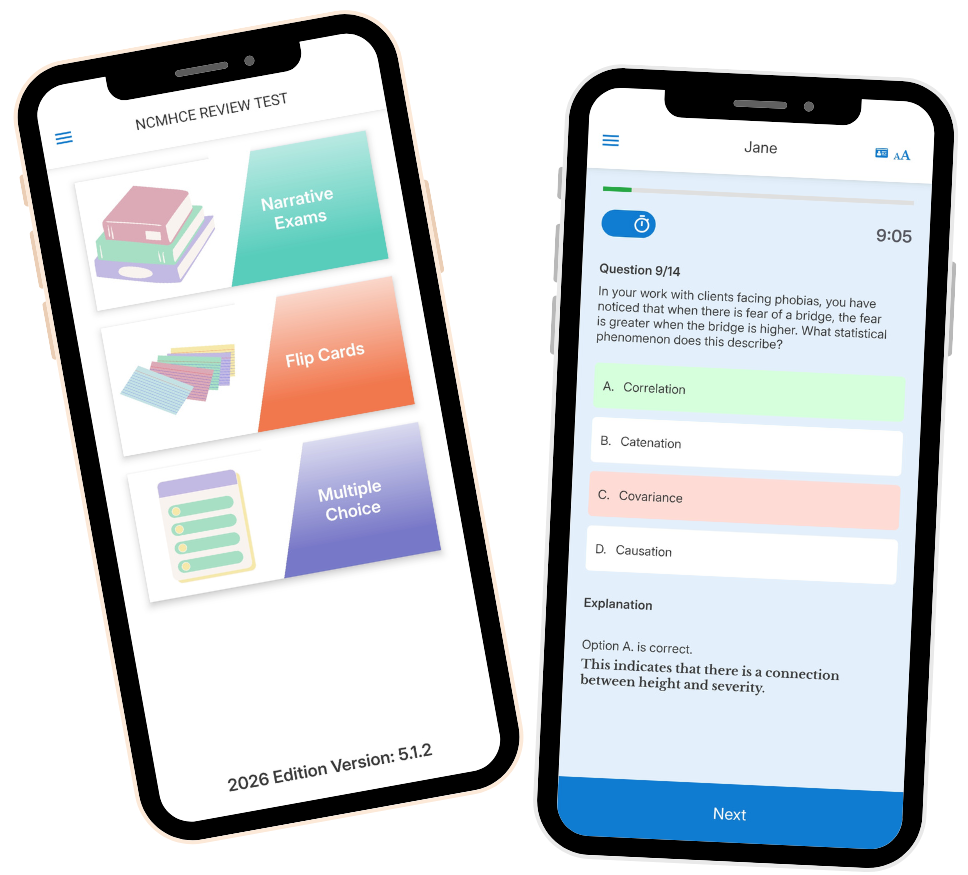NCMHCE Exam Prep app shown on two phones